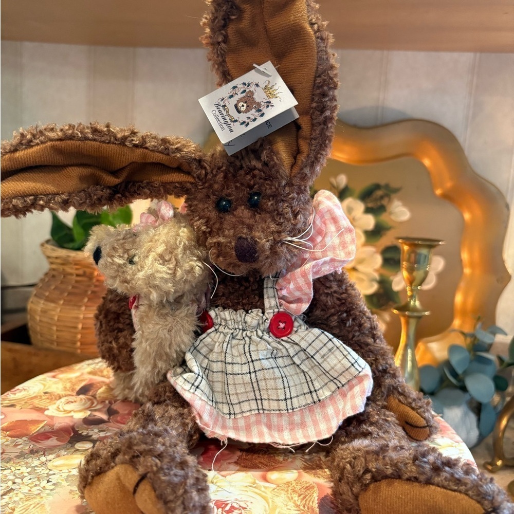 14” DRK BROWN BUNNY W/ CHECKED DRESS HOLDING BEAR FROM THE BEARINGTON COLLECTION